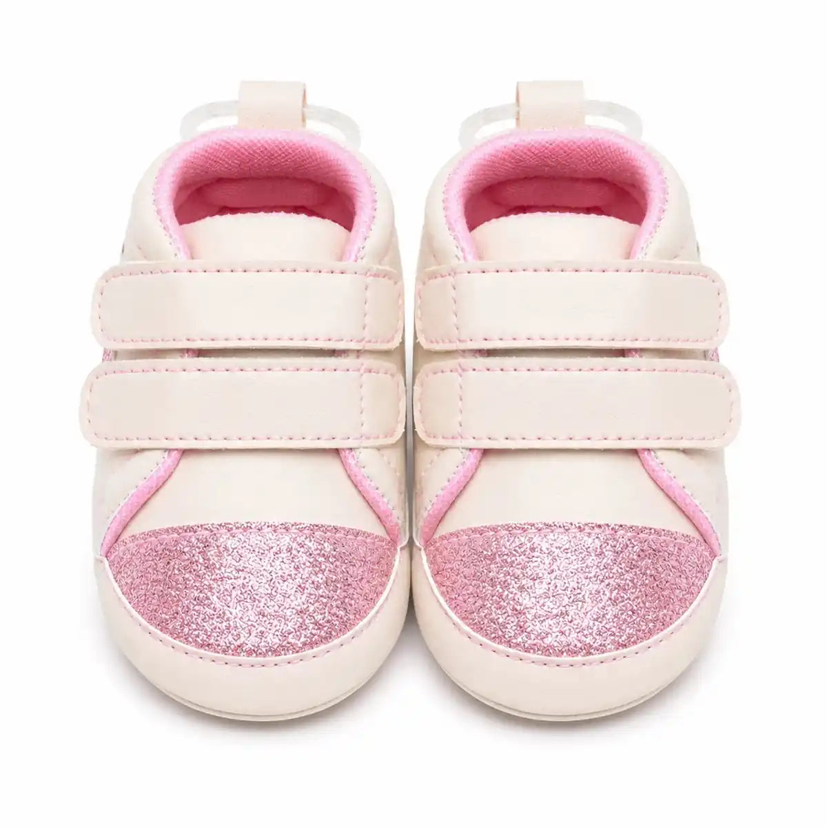 Cream pink baby soft sole first walker shoes with sparkling pink glitter toe and double straps – front view