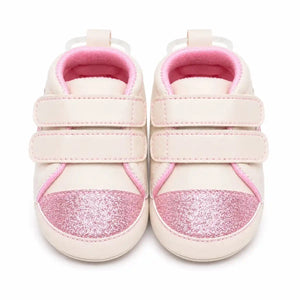Cream pink baby soft sole first walker shoes with sparkling pink glitter toe and double straps – front view