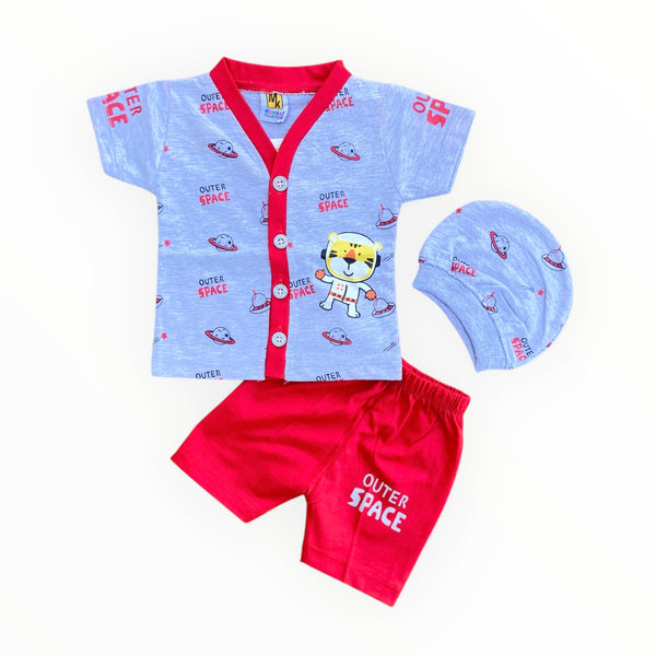Cozy baby t-shirt, pajama, and cap set made from soft, breathable cotton for newborns.
