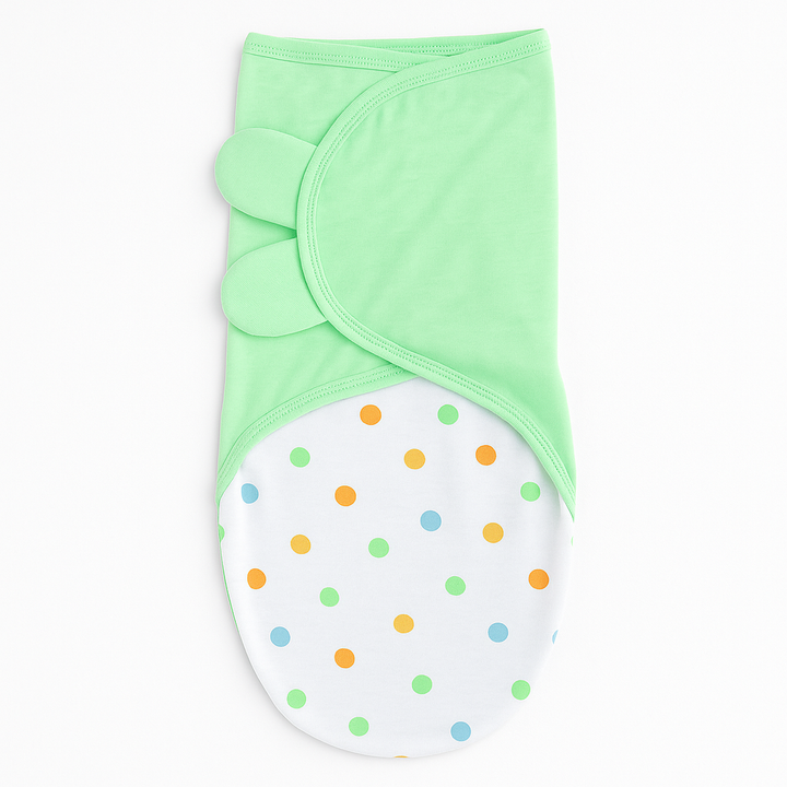 Green adjustable infant swaddle wrap for newborns with Velcro closure