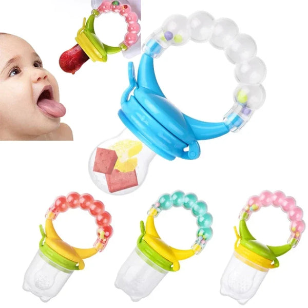 Dual-purpose baby rattle fruit pacifier that soothes teething discomfort and introduces healthy eating habits, with a fun rattle handle for entertainment.