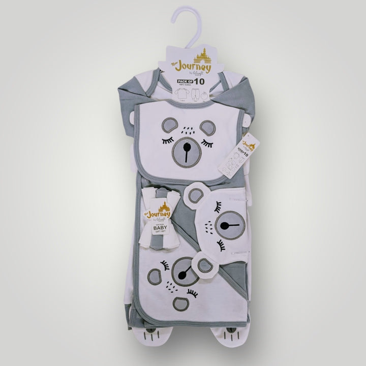 Soft and breathable 10-piece baby starter set made from premium interlock cotton. Perfect for newborn comfort and daily essentials.