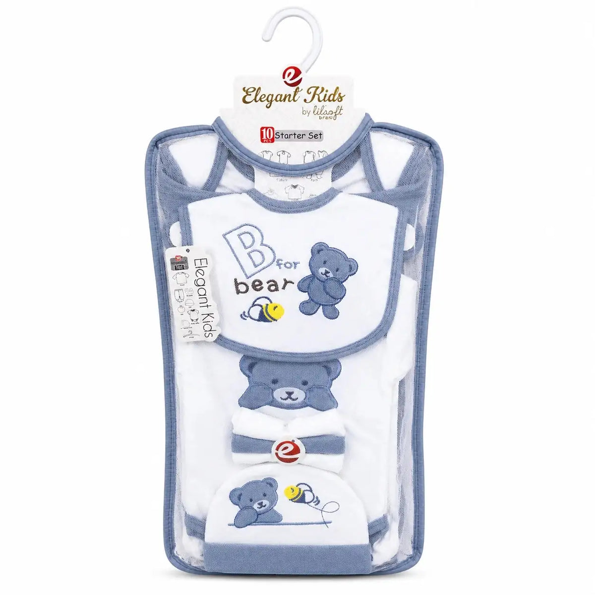 Baby Bear 10 Pcs newborn starter set in blue and white soft interlock fabric with bear embroidery for 0–3 months