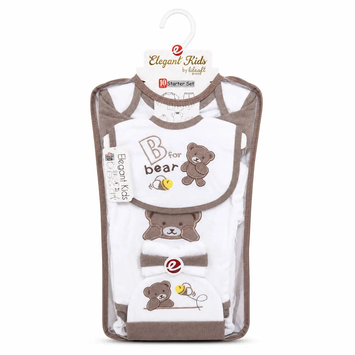 Baby Bear 10 Pcs newborn starter set in brown and white soft interlock fabric with bear embroidery for 0–3 months