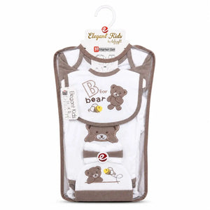 Baby Bear 10 Pcs newborn starter set in brown and white soft interlock fabric with bear embroidery for 0–3 months