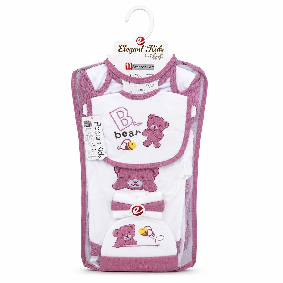 Baby Bear 10 Pcs newborn starter set in pink and white soft interlock fabric with bear embroidery for 0–3 months