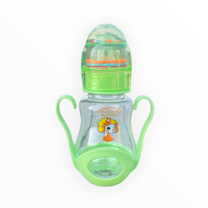 150ml baby feeder with easy-grip handles and a fun rattle cap. Designed for a comfortable and engaging feeding experience for infants.
