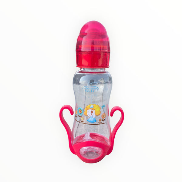 260ml baby feeder with easy-grip handles and a fun rattle cap. Designed for a comfortable feeding experience and playful engagement.