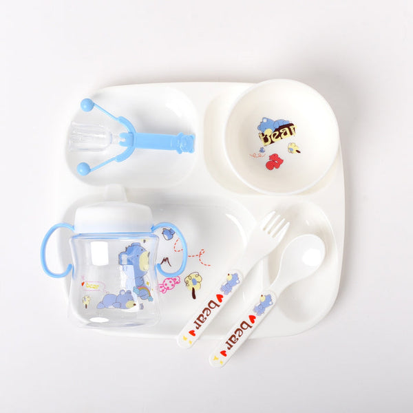 6-piece baby feeding set with bowl, plate, utensils, sippy cup, and straw bottle.
