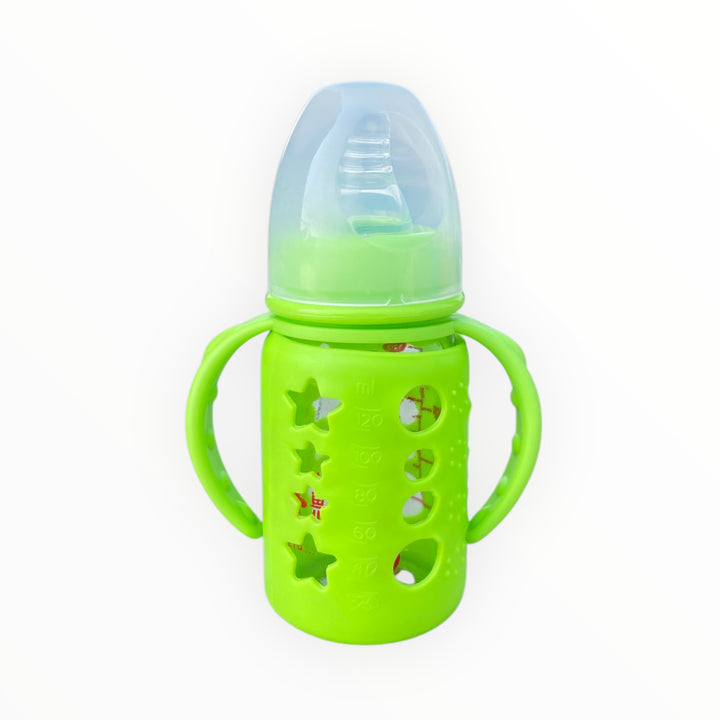 120ml baby glass feeder with a soft silicone cover for better grip and protection. Safe, BPA-free, and easy to clean for a comfortable feeding experience.