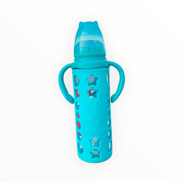 240ml baby glass feeder with a soft silicone cover for better grip and protection. Safe, BPA-free, and easy to clean for a comfortable feeding experience.
