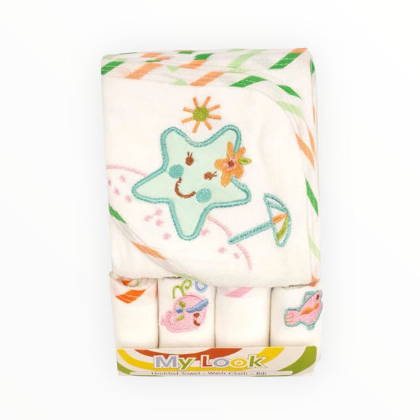 Soft and absorbent baby hooded bath towel set with 4 gentle washcloths.