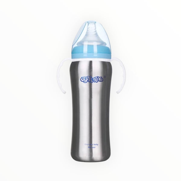 240ml baby stainless steel thermos bottle with silicone nipple & handle. Keeps milk warm, BPA-free, and designed for safe & easy feeding.