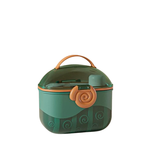 Portable baby milk powder box (380ML) in vibrant orange and green, perfect for storing and dispensing formula.