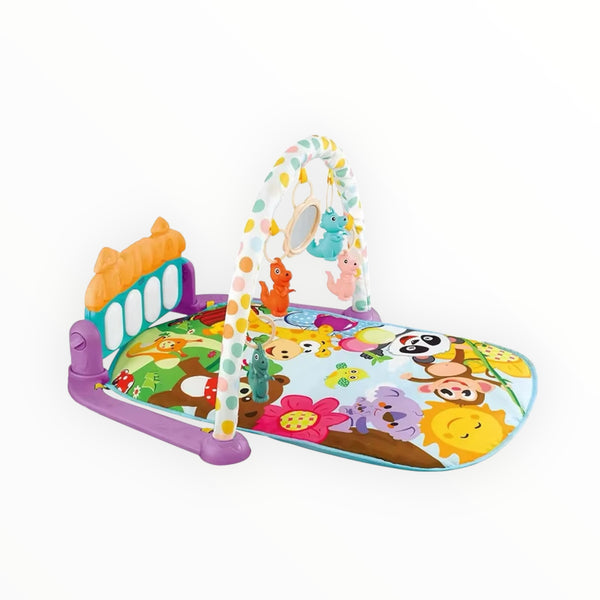 3-in-1 baby play gym with piano, fitness rack, and soft mat. Encourages sensory development, tummy time, and fun interactive play.