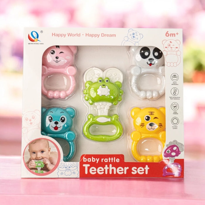 Pack of 5 baby rattle teether toys designed for teething relief and sensory development. Safe, non-toxic, and perfect for little hands to hold and shake.