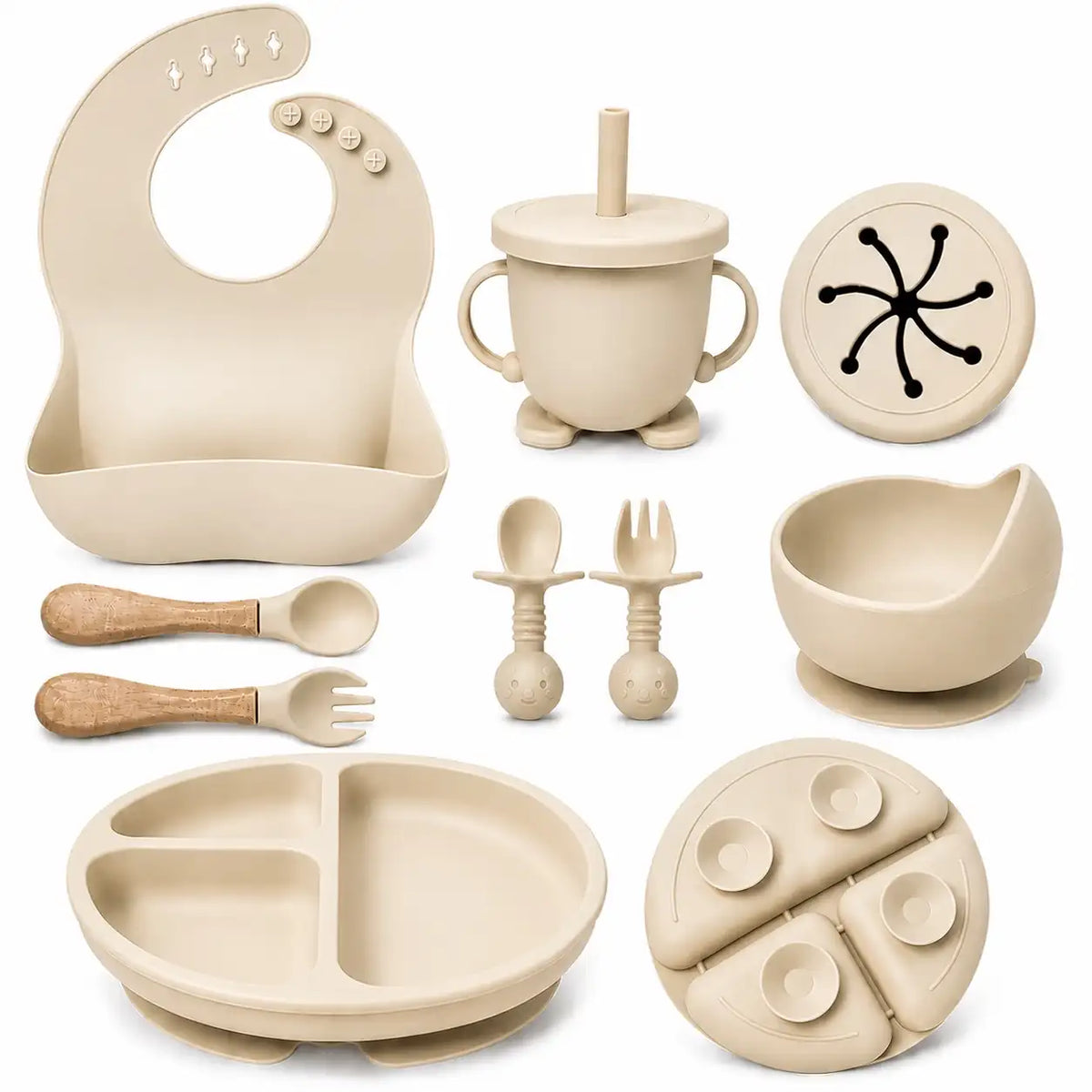 beige silicone baby feeding set with suction bowl and training cup