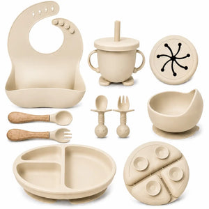 beige silicone baby feeding set with suction bowl and training cup