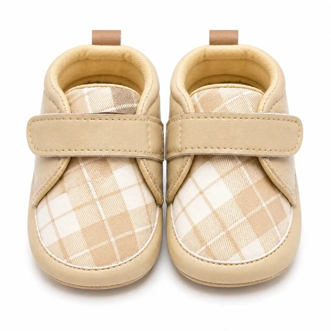 Front view of beige plaid baby shoes with adjustable single strap for 0–12 months