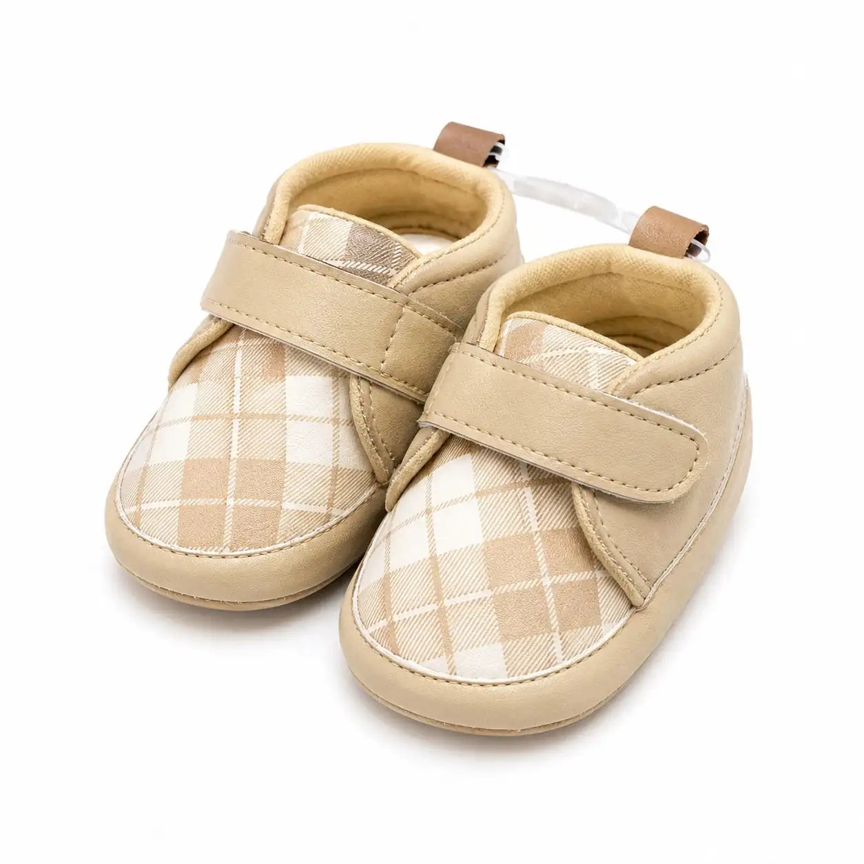 Beige plaid baby first walker shoes with single hook and loop strap and soft flexible sole