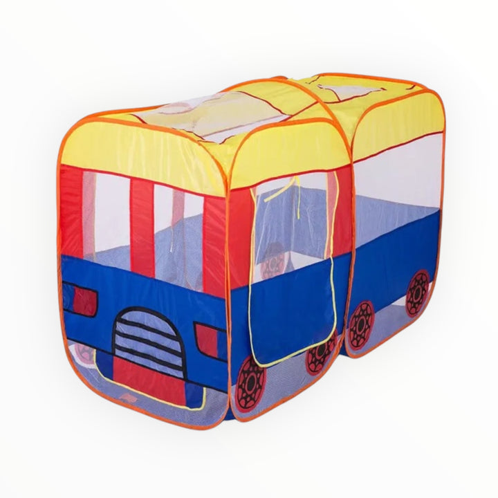 Large school bus-shaped pop-up tent house for kids. Spacious, easy to set up, and perfect for indoor & outdoor imaginative play.
