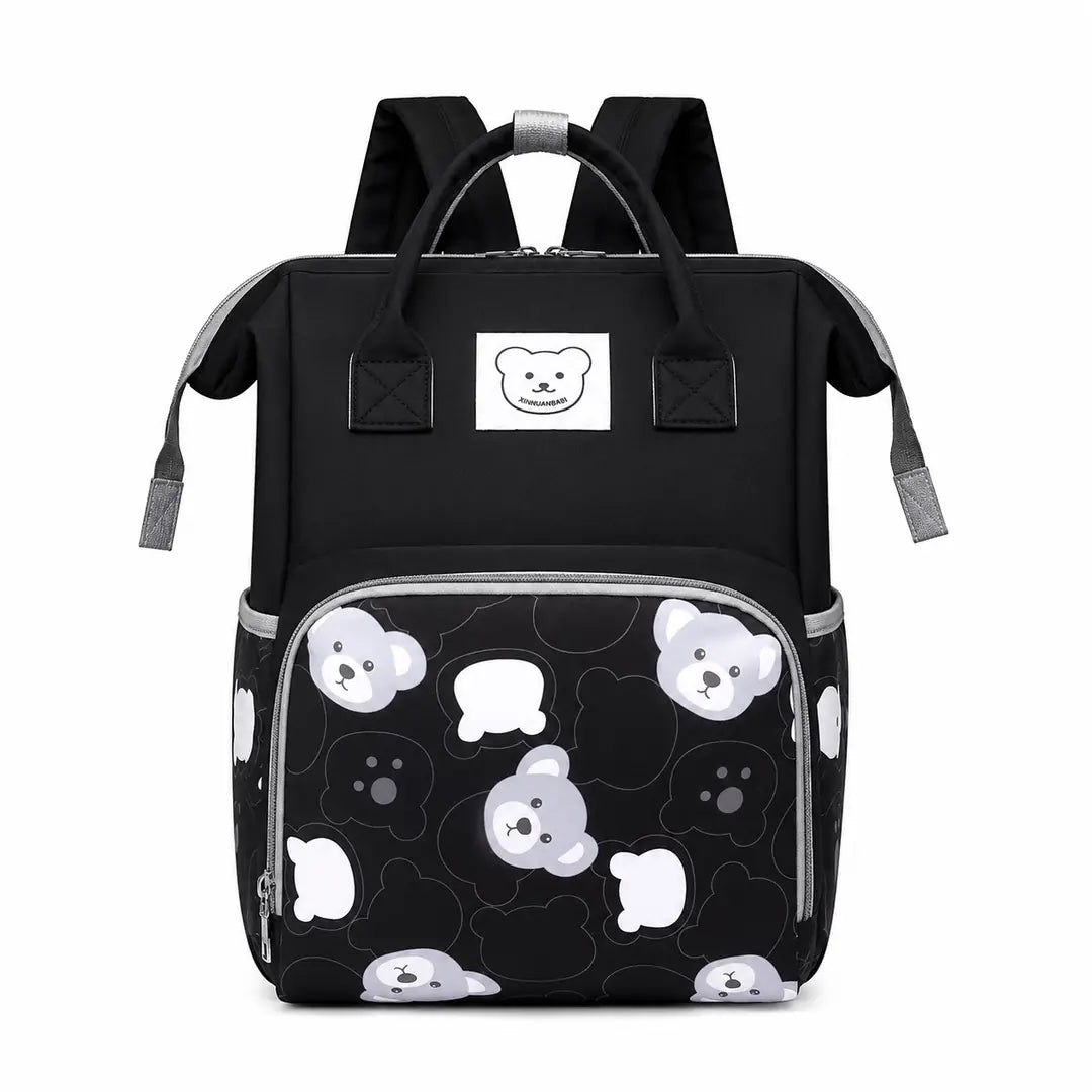Black bear print baby diaper bag backpack front view