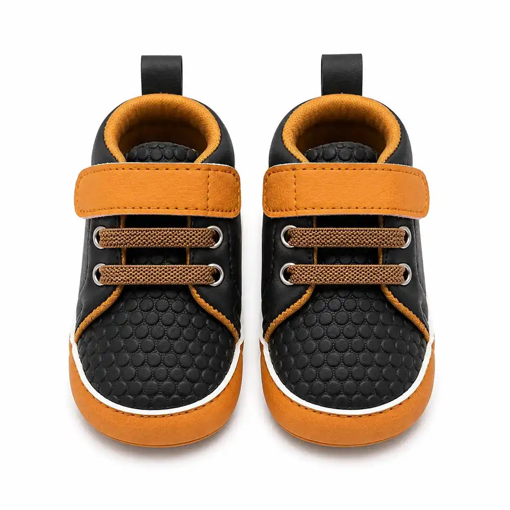 Black baby shoes with velcro strap front view in Pakistan