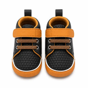 Black baby shoes with velcro strap front view in Pakistan