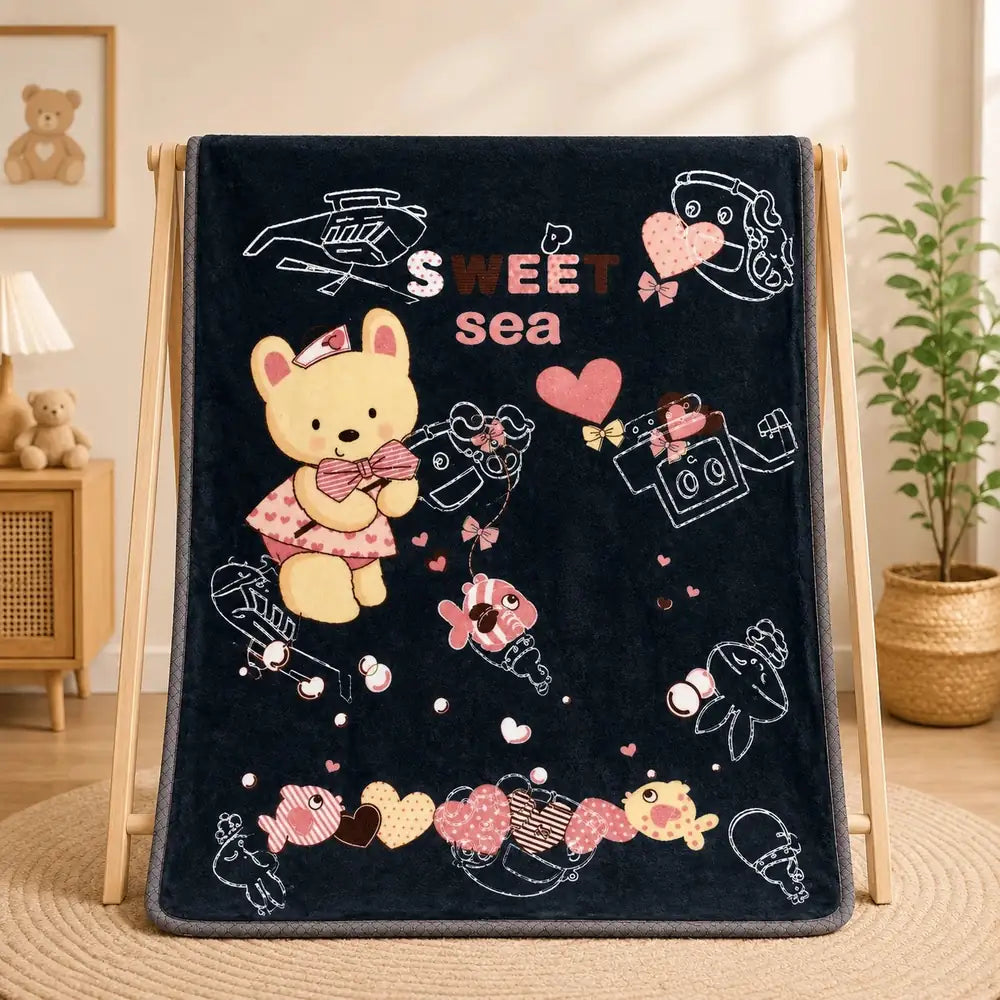 Black baby soft blanket with Sweet Sea bunny design in Pakistan