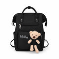 Black baby diaper bag backpack with teddy bear front view