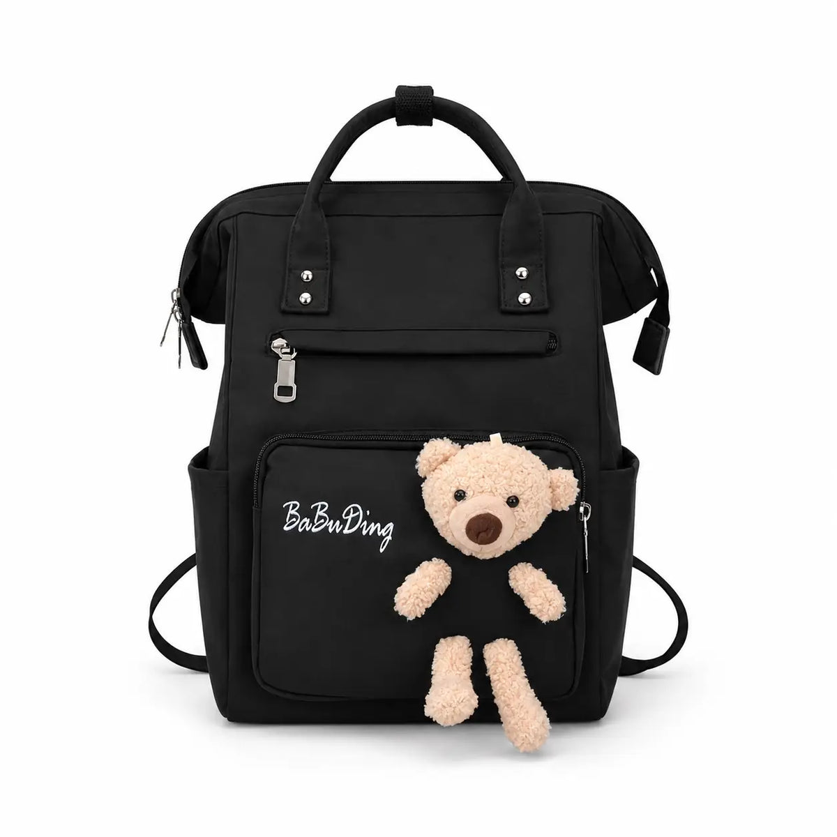Black baby diaper bag backpack with teddy bear front view