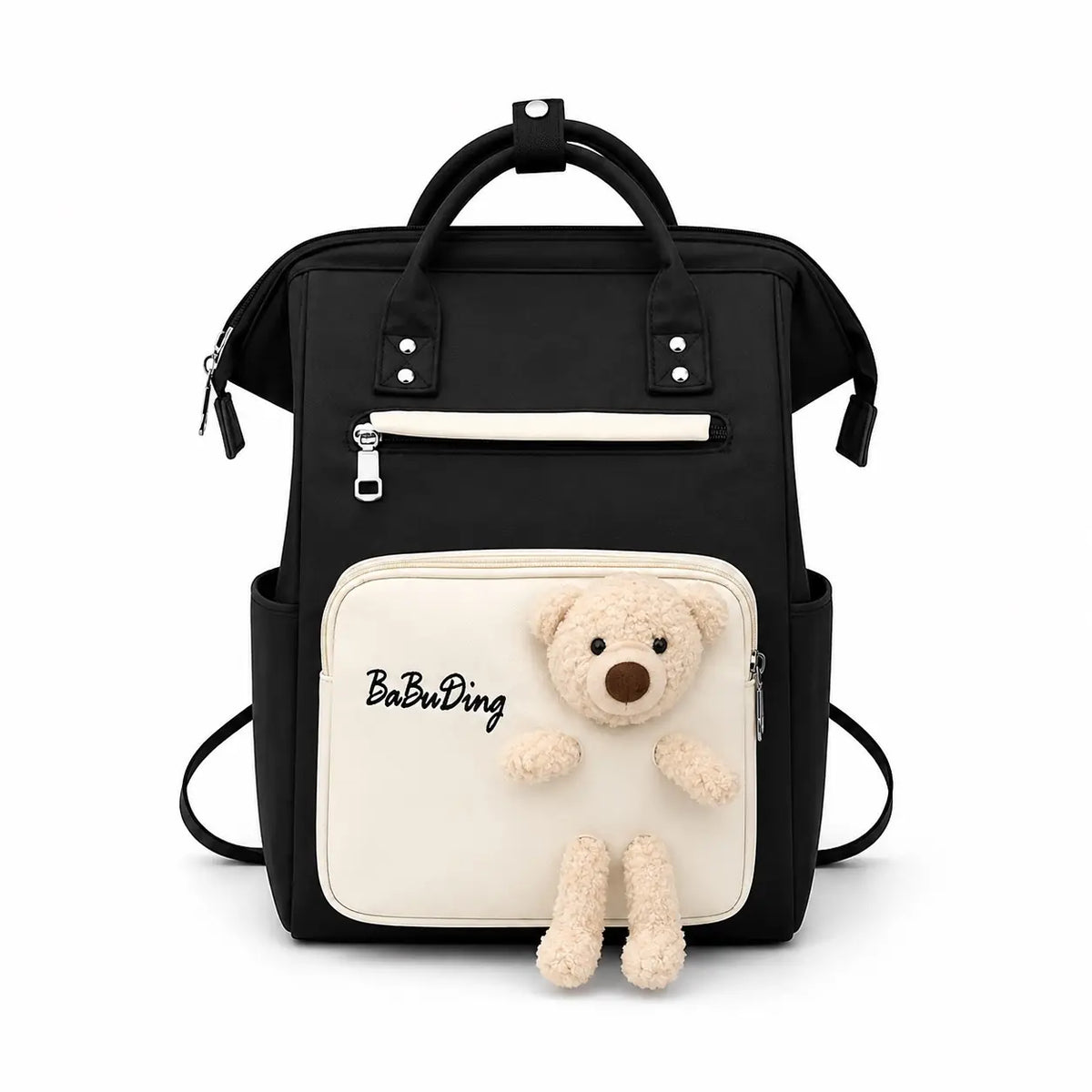 Black and white baby diaper bag backpack with teddy bear front view
