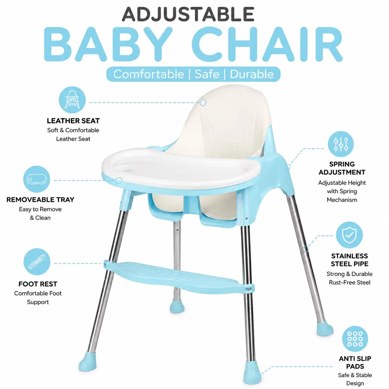 Blue adjustable baby feeding chair with leather seat and footrest