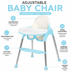 Blue adjustable baby feeding chair with leather seat and footrest