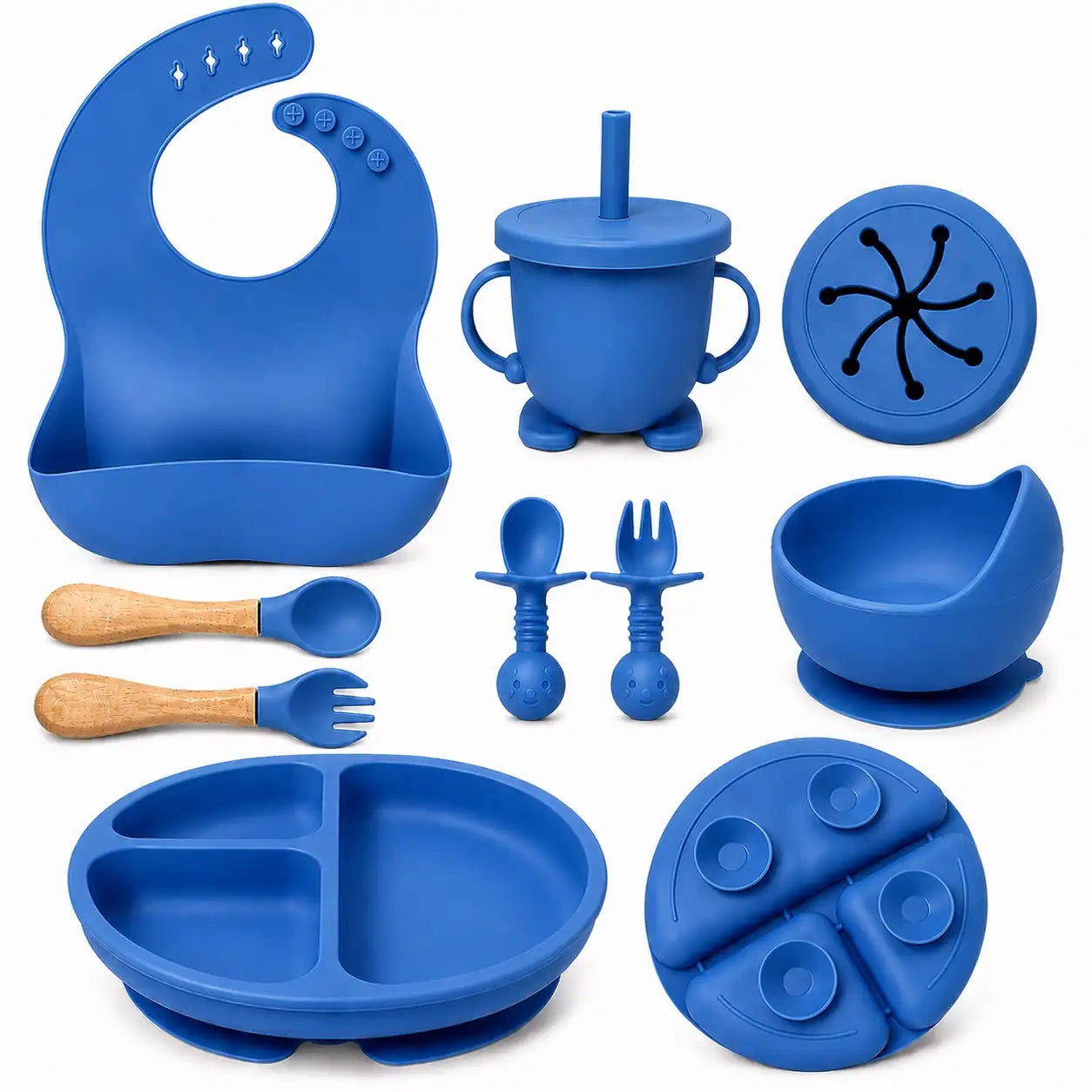 dark blue silicone baby feeding set with suction plate bowl and cup