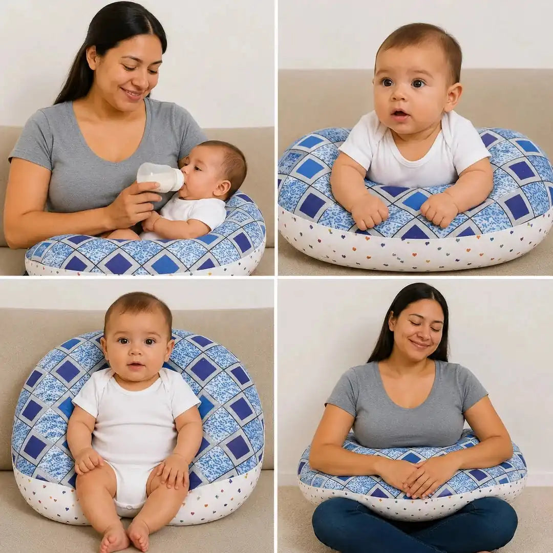 Blue baby nursing and feeding pillow for mother and baby