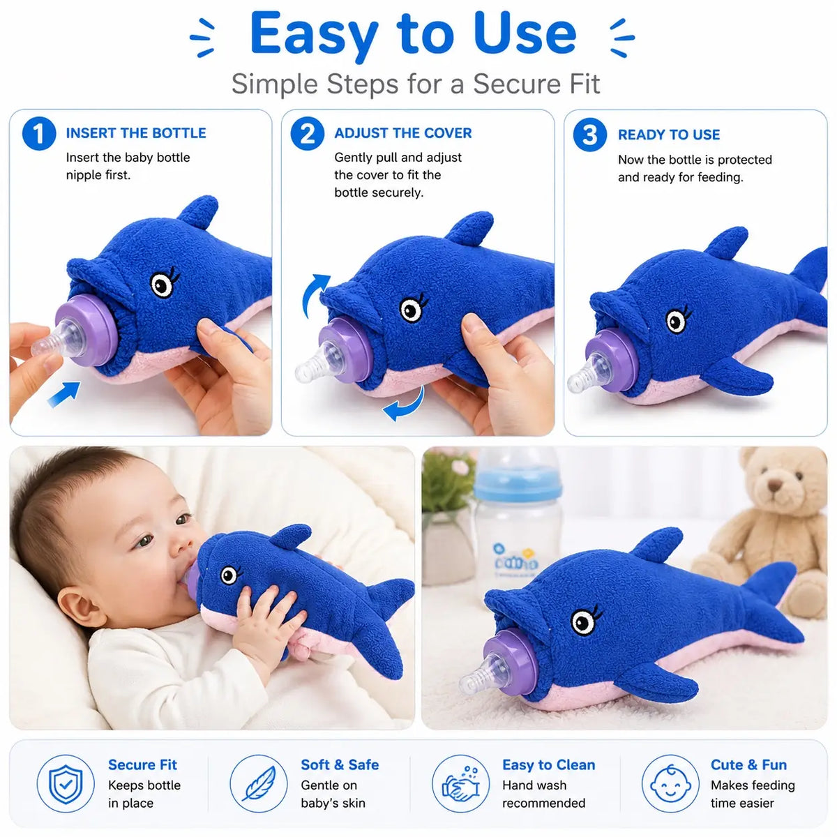 Dolphin Blue baby feeder bottle cover 25x10 cm easy to use plush holder