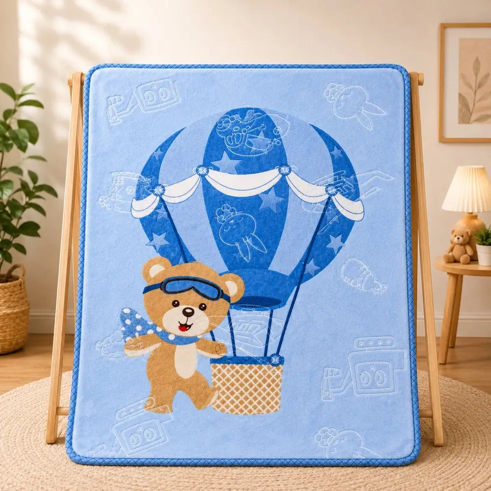 Blue baby soft blanket with teddy bear hot air balloon design in Pakistan