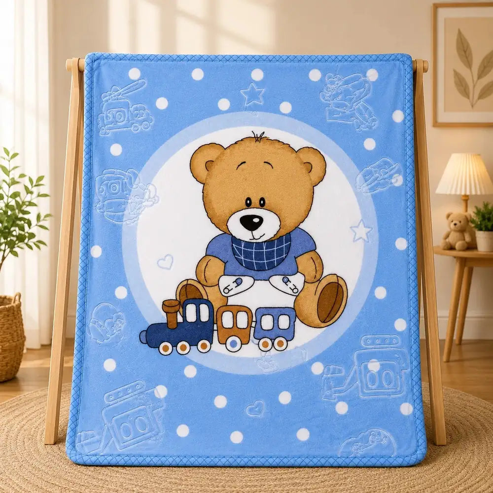 Baby soft blanket blue teddy bear train design in Pakistan