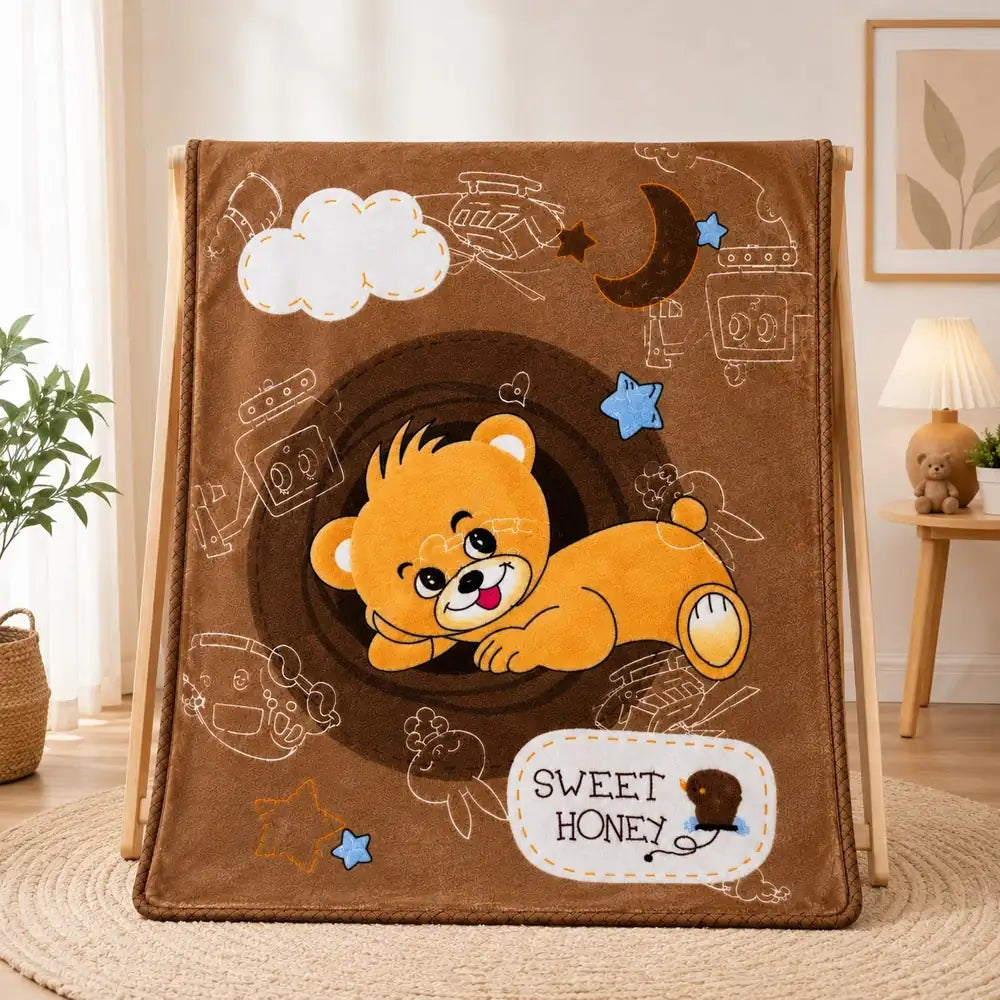 Brown baby soft blanket with cute teddy bear design in Pakistan