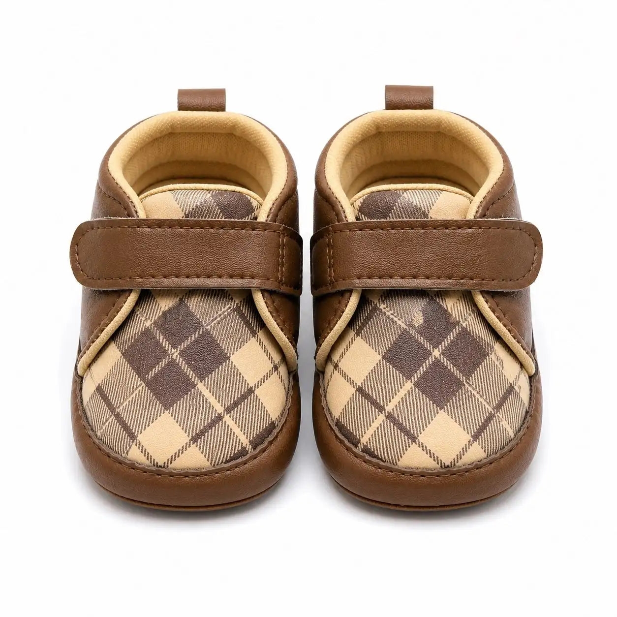 Front view of brown and beige plaid baby shoes with adjustable single strap for 0–12 months
