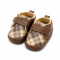 Brown plaid baby first walker shoes with single hook and loop strap and soft flexible sole