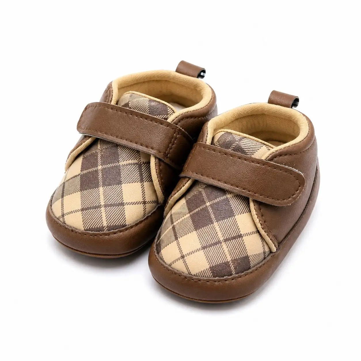 Brown plaid baby first walker shoes with single hook and loop strap and soft flexible sole