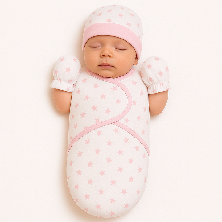 Baby swaddle with cap and mittens interlock cotton newborn wrap hearts cars design