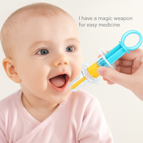Baby medicine dispenser with a nipple-type design that reduces bitterness and helps babies take medicine comfortably, with a marked scale for accurate dosage.