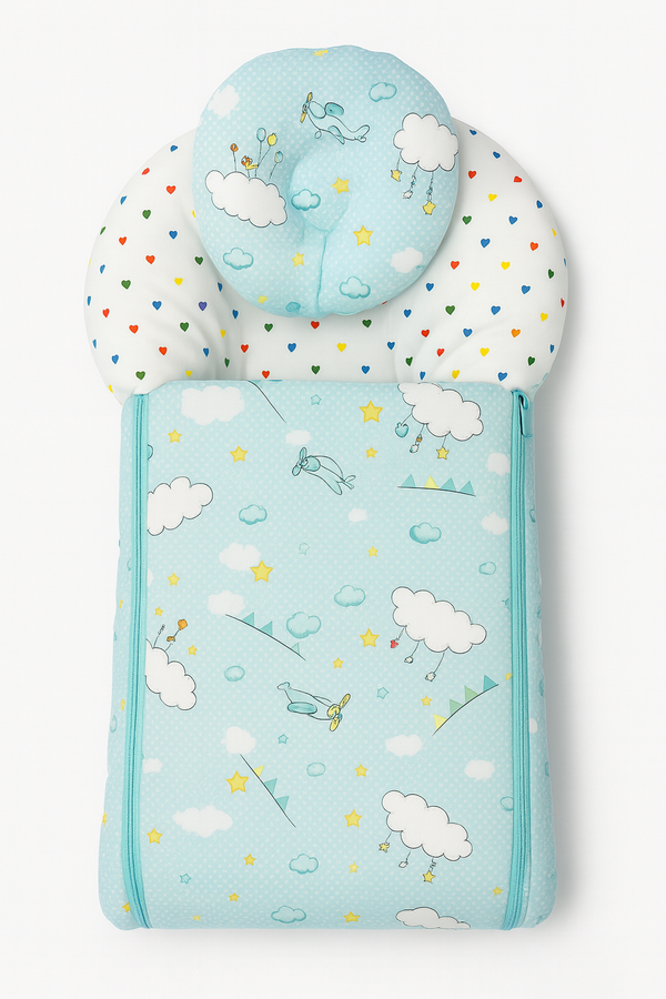 Baby Carry Nest with Pillow Green Cloud Print – Soft Cotton Comfortable Newborn Sleeping Nest in Pakistan