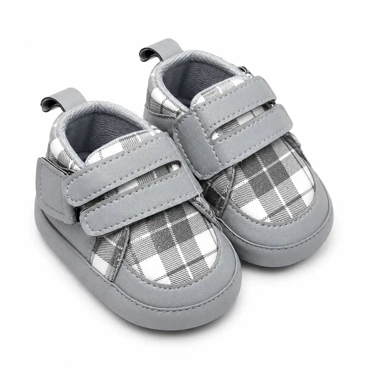 Baby grey plaid double strap soft sole first walker shoes – angled view