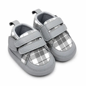 Baby grey plaid double strap soft sole first walker shoes – angled view