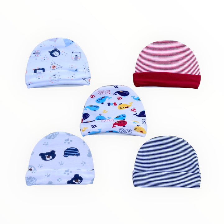 A set of five unisex cotton caps for newborns (0-6 months), made from soft and breathable fabric, designed to keep your baby warm and comfortable. Available in neutral colors and patterns, perfect for boys and girls.