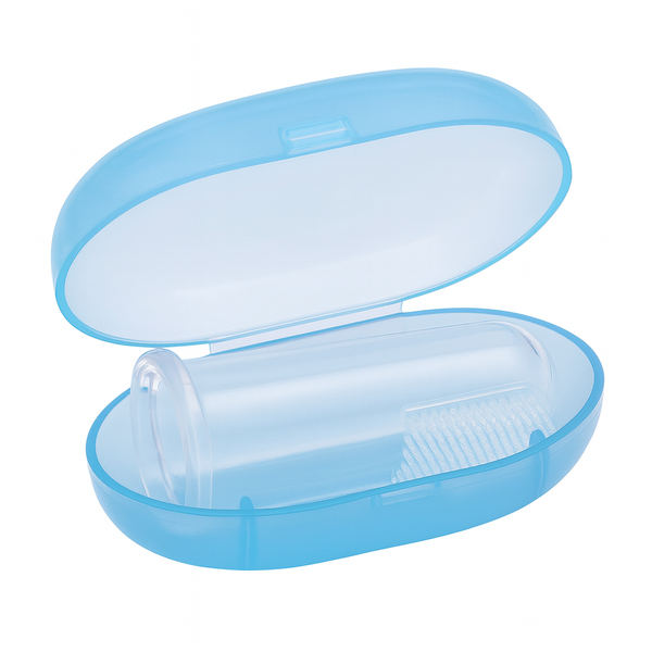 Silicone finger toothbrush for babies – mother gently cleaning baby’s teeth and gums for safe oral care.